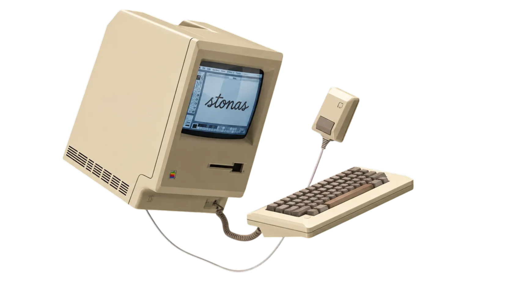 Computador retrô exibindo a marca Stonas
